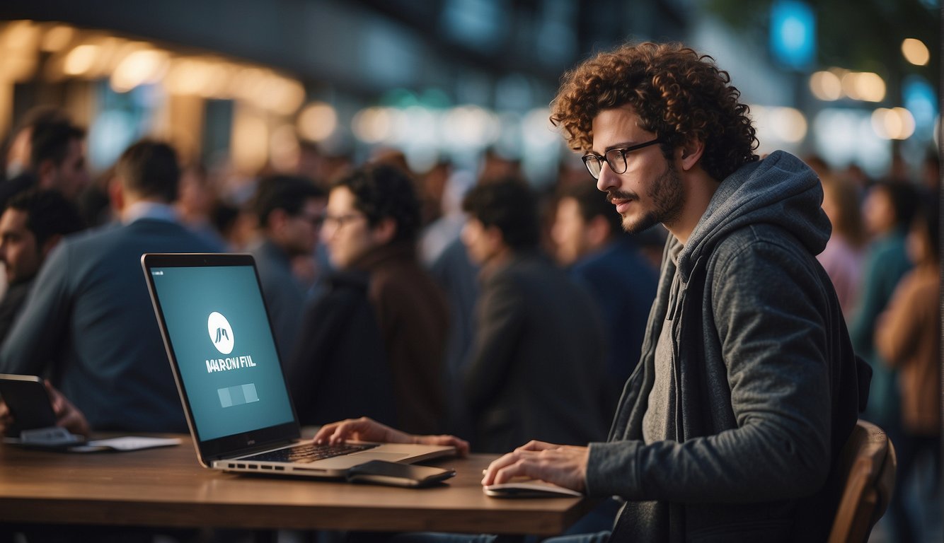 A person using a laptop in a crowded public space, surrounded by people, while a hacker lurks in the background, attempting to intercept the person's data over the unsecured public Wi-Fi network