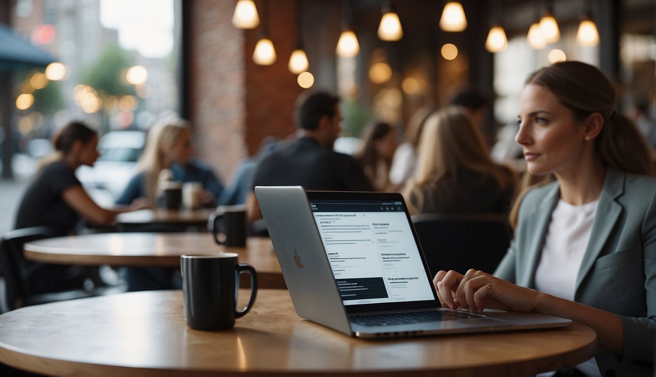 People sitting in a cafe, using laptops and smartphones. Wi-Fi sign visible. Lock icon on devices. Caution signs around