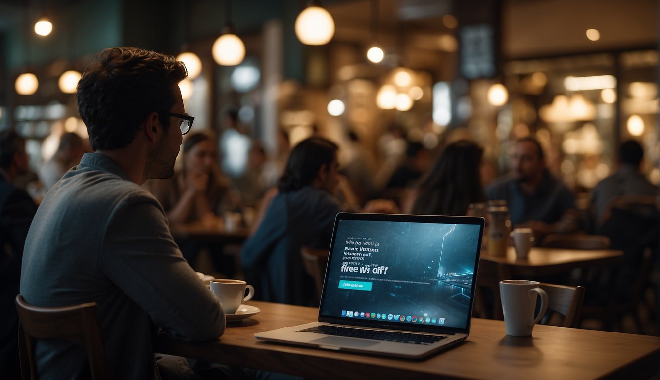 A person sitting in a crowded café, using a laptop with a "Free Public Wi-Fi" sign in the background. A shadowy figure lurks nearby, eyeing the unsuspecting individual