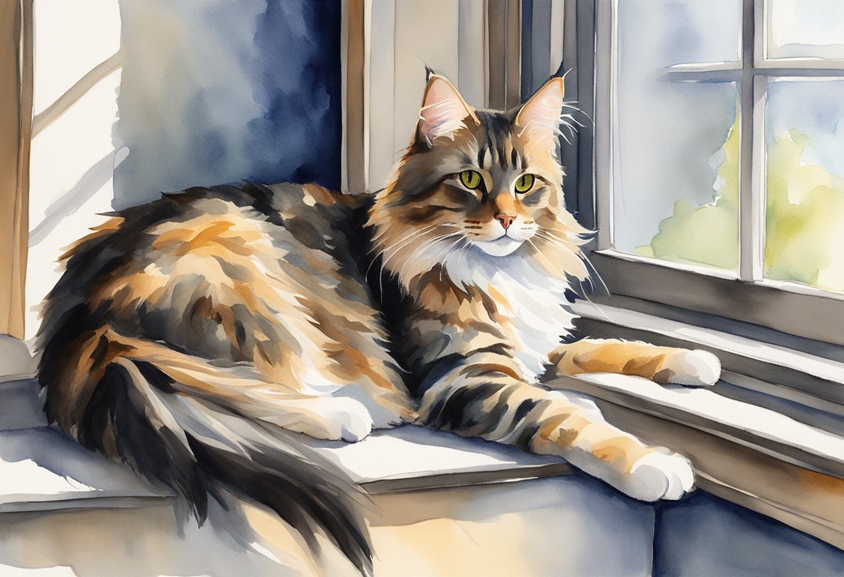 A short hair Maine Coon mix lounges on a sunlit windowsill, gazing out at the world with curiosity and contentment