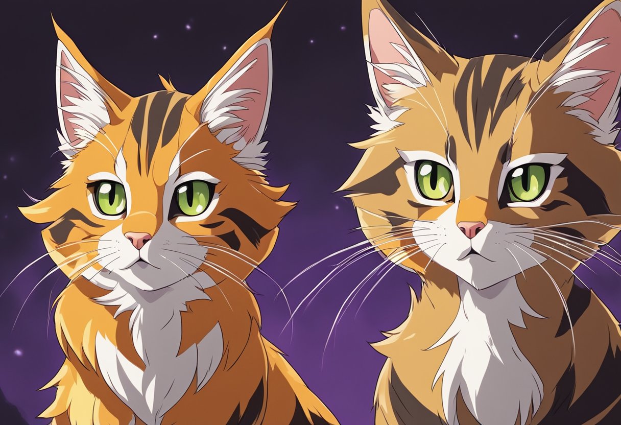A Maine Coon and Tabby face off, tails puffed and ears flattened. Their eyes lock in a tense stare, ready to pounce