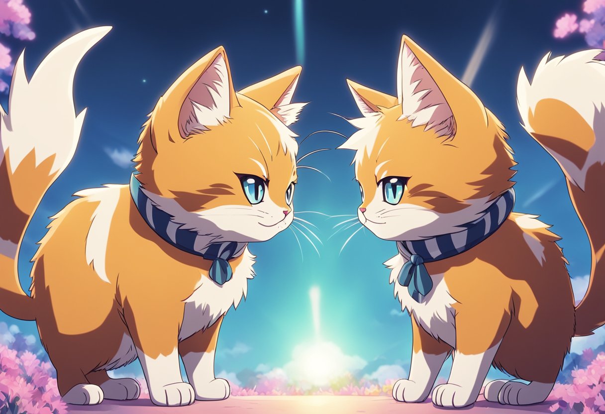 Two cats, one large and fluffy with tufted ears, the other smaller with striped fur, face off in a playful yet competitive manner