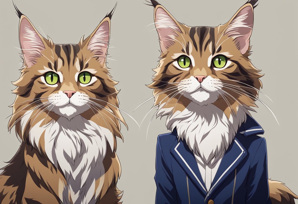 A Maine Coon and Tabby stand side by side, showcasing their distinct physical characteristics. The Maine Coon's large size and tufted ears contrast with the Tabby's smaller frame and classic striped coat