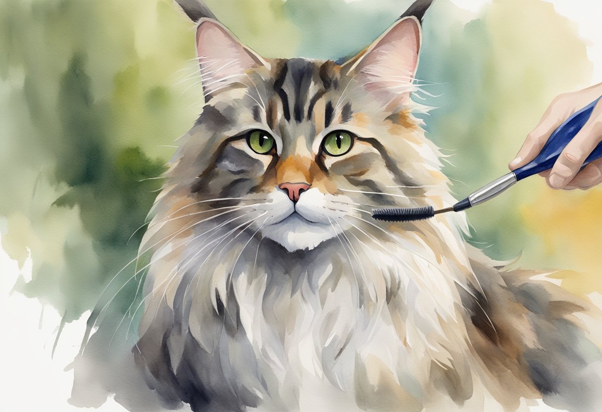 A Maine Coon mix cat being groomed with a brush and receiving care, possibly with a gentle expression on its face