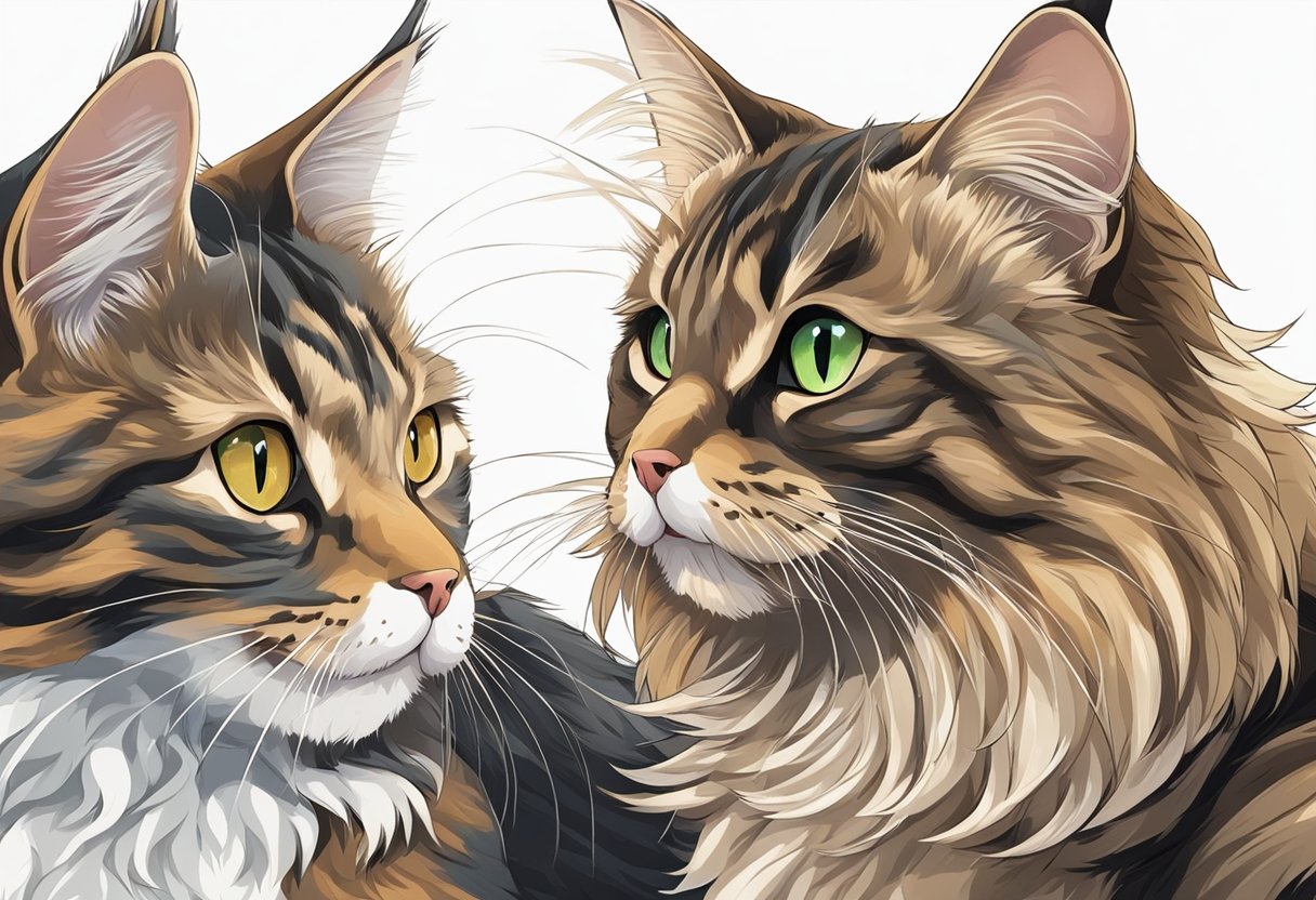 A Maine Coon and Tabby cat playfully interact, showcasing their differences in size and appearance. The Maine Coon exudes strength and elegance, while the Tabby exudes agility and curiosity