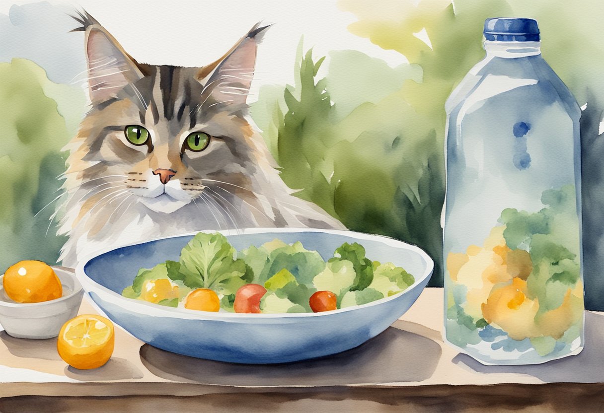 A short-haired Maine Coon mix cat is sitting next to a bowl of healthy food and a water dish, with a content and well-nourished expression on its face