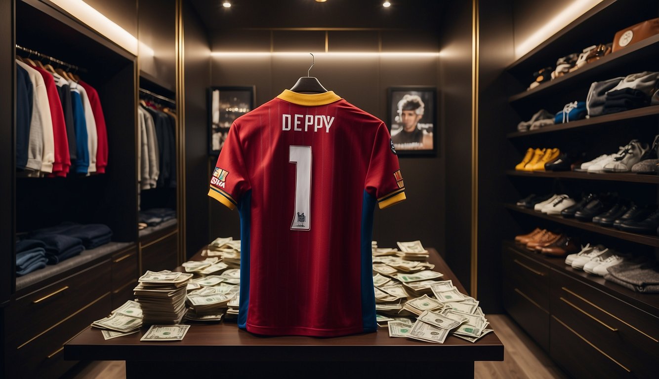 Memphis Depay's Barcelona jersey hangs in a luxurious closet, surrounded by designer accessories and a stack of cash