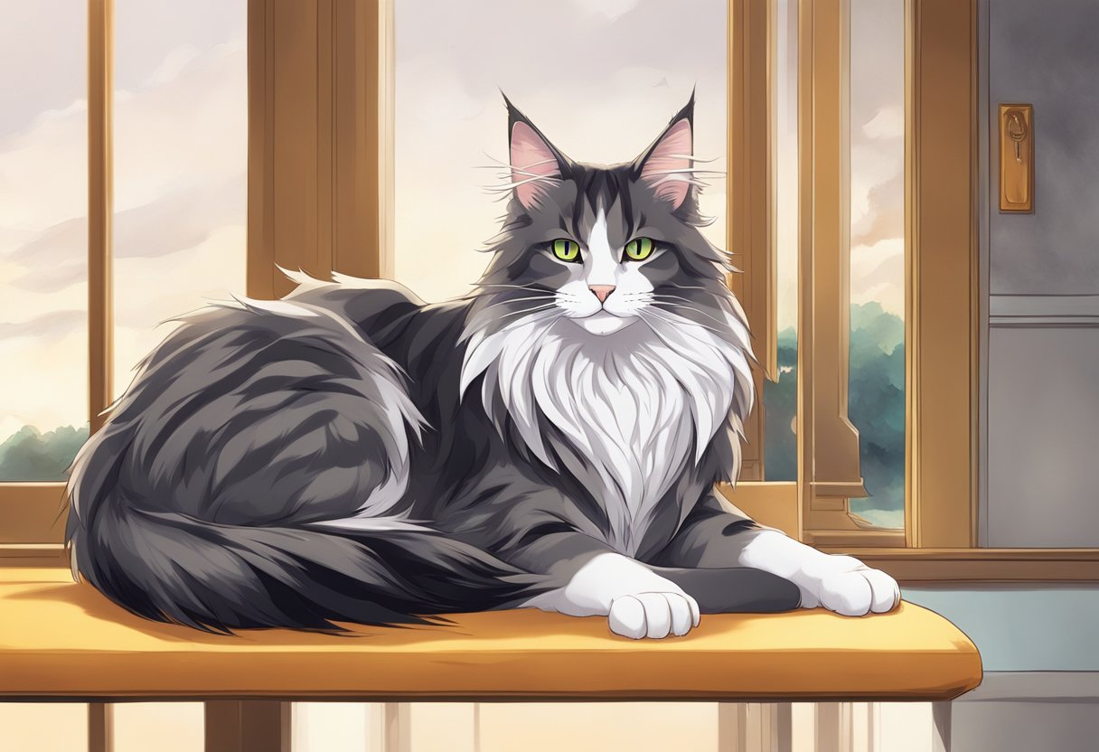 A majestic Maine Coon sits regally, while a playful Tabby frolics nearby. Their contrasting attitudes and physical features showcase the diversity within the feline world