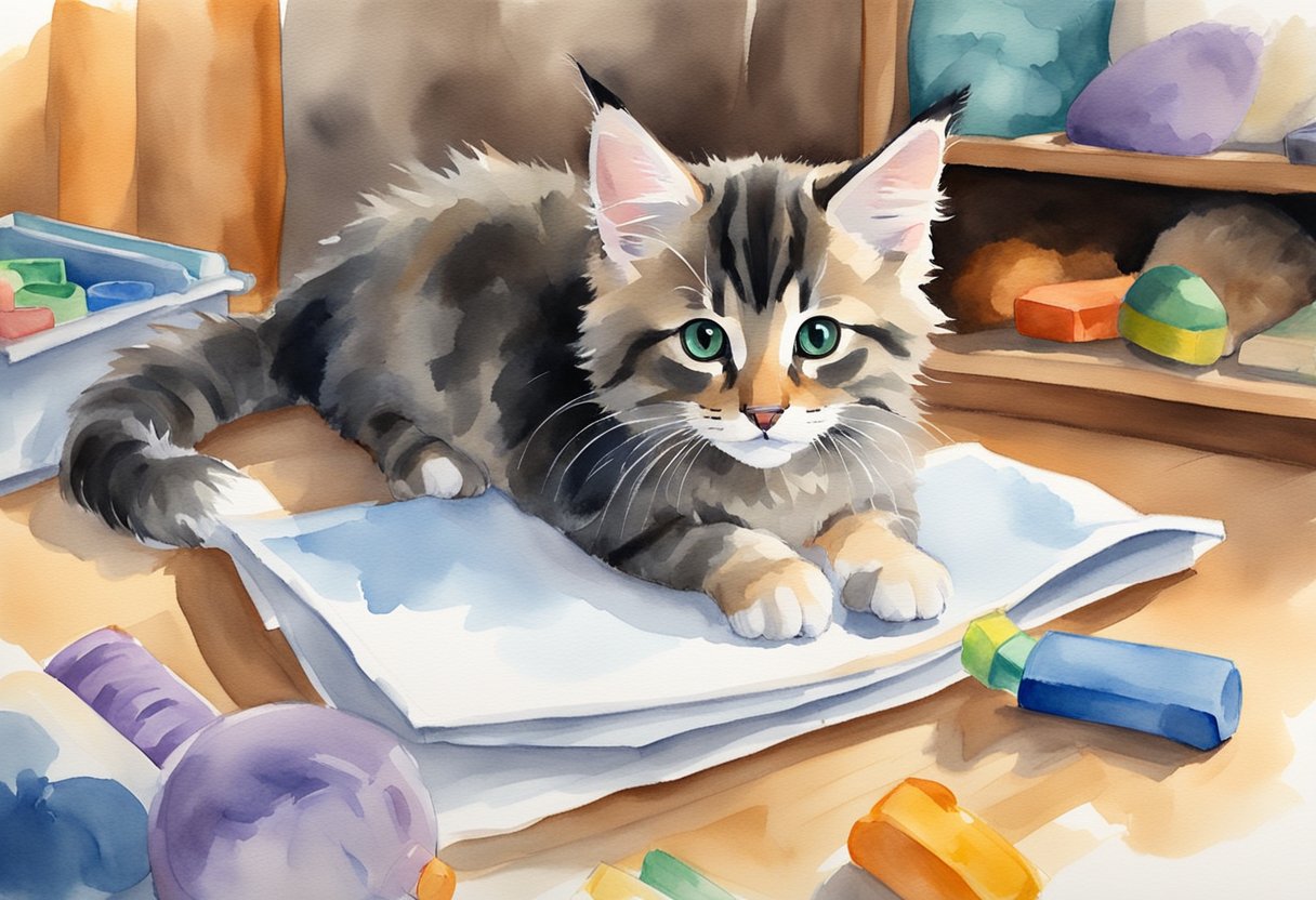 A short-haired Maine Coon mix kitten playing with toys in a cozy living room, surrounded by adoption paperwork and a cost breakdown sheet