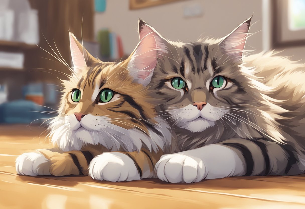 A Maine Coon and a Tabby playfully interact, displaying their sociable nature