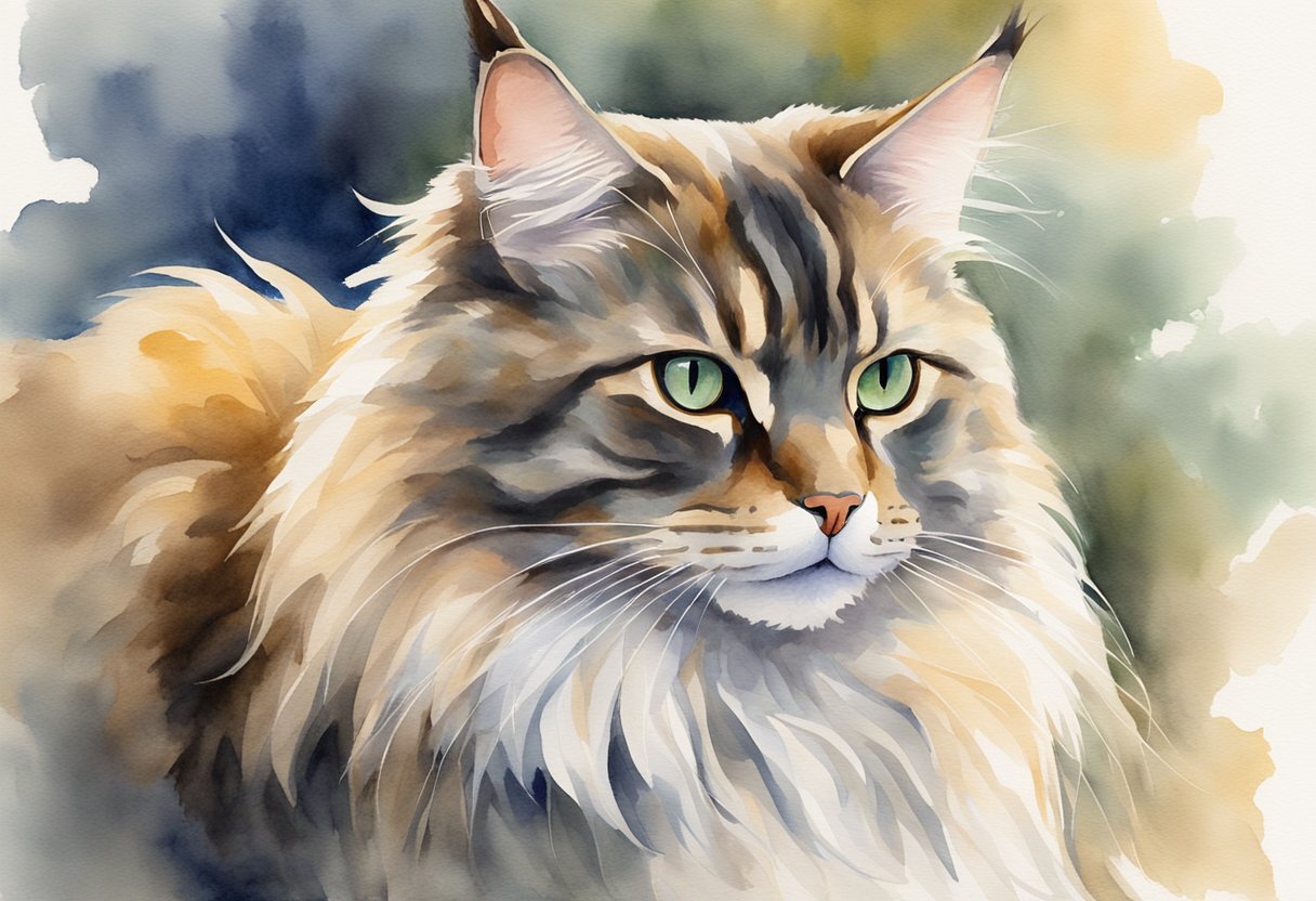 A regal Maine Coon mix with short historical whiskers, sitting proudly in a vintage setting