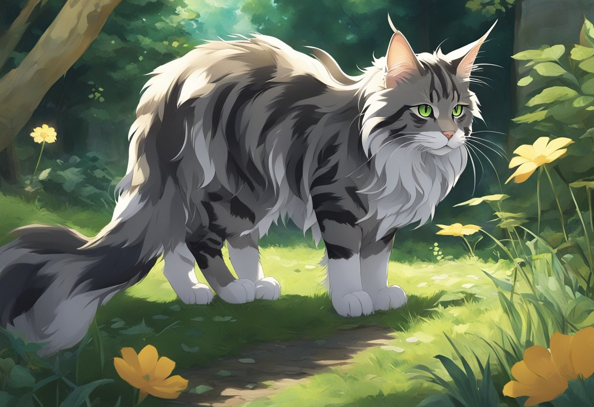 A Maine Coon puffs up its tail and arches its back, while a Tabby crouches low and stalks its prey