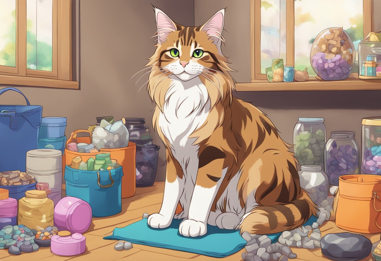 A Maine Coon and a Tabby sit side by side, surrounded by various pet supplies and a price comparison chart. The Maine Coon is depicted as larger and more luxurious, while the Tabby is portrayed as more affordable and low-maintenance