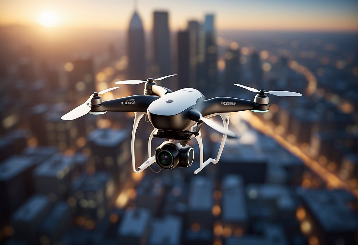 A VR drone hovers above a cityscape, capturing aerial views. Its sleek design and advanced technology are highlighted as it navigates through the urban landscape