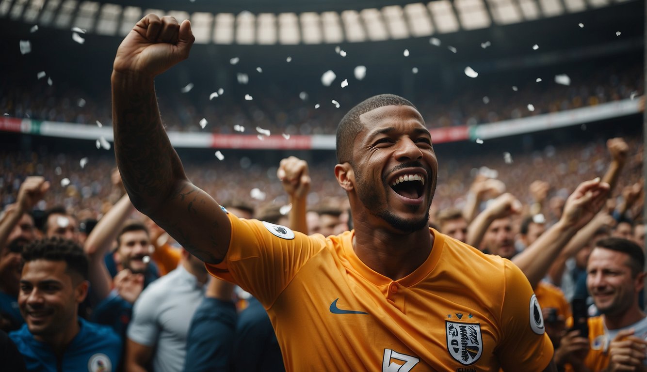 Georginio Wijnaldum celebrating a goal with his teammates, surrounded by cheering fans in the stadium