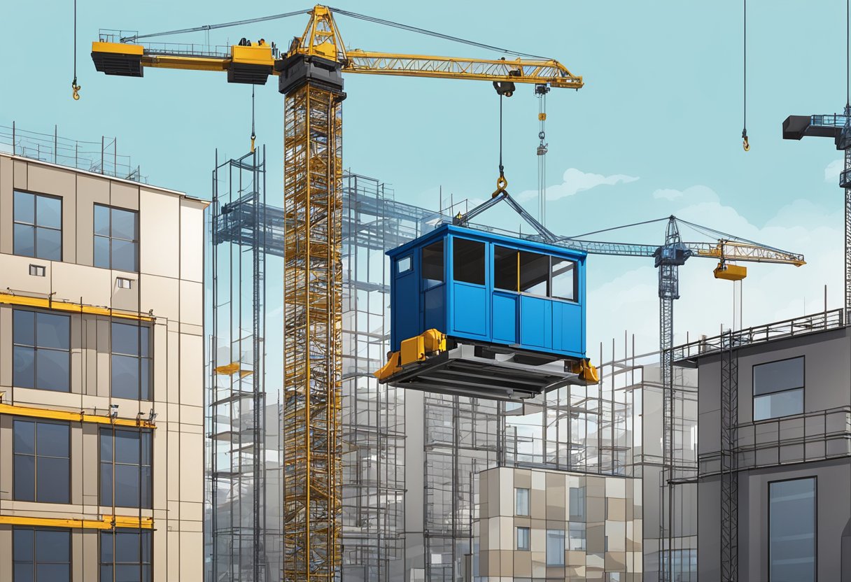 A building hoist lift ascends against a backdrop of a construction site, with cranes and scaffolding in the background