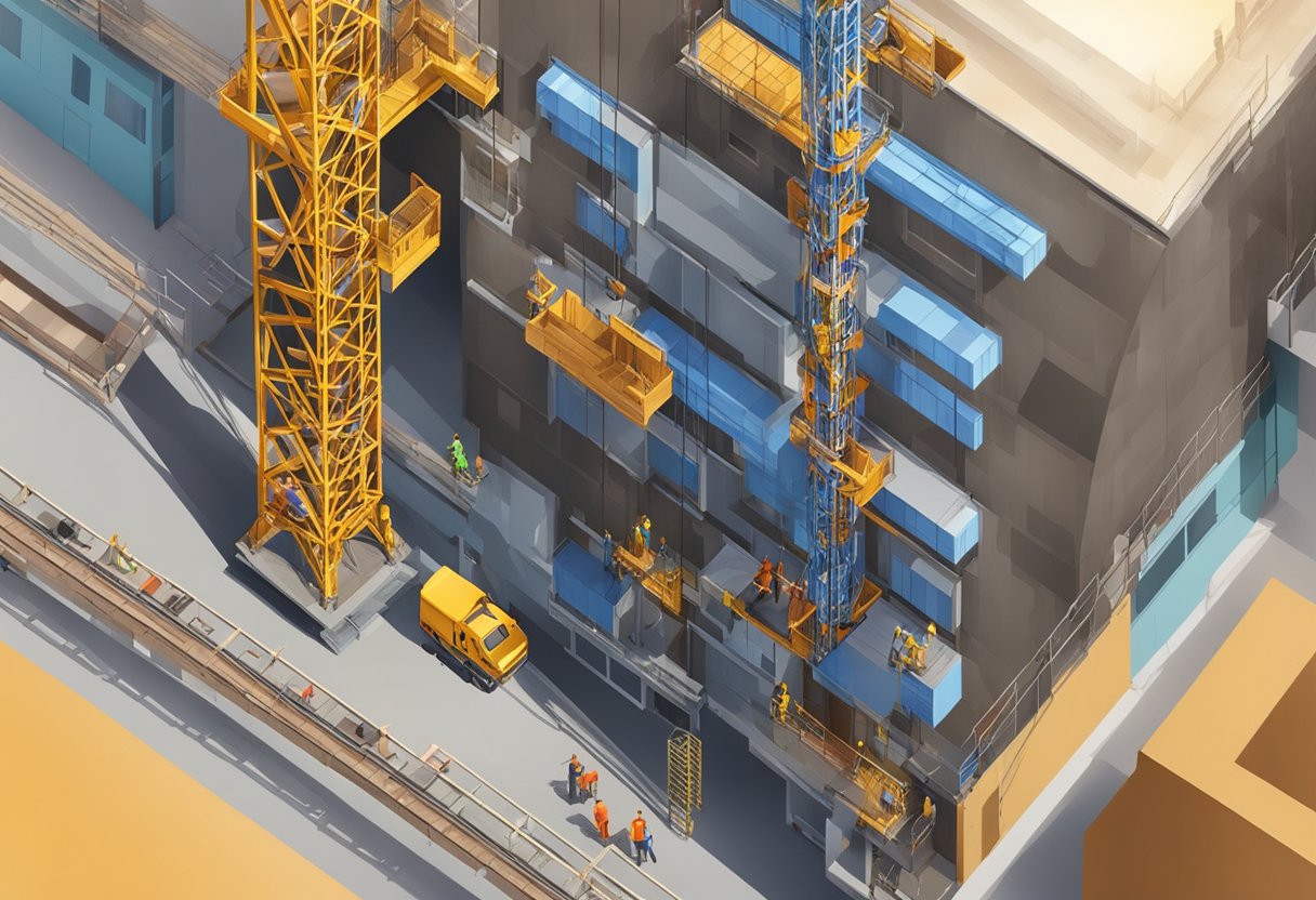 A building hoist lift rises next to a construction site, carrying materials and workers to different levels of the building