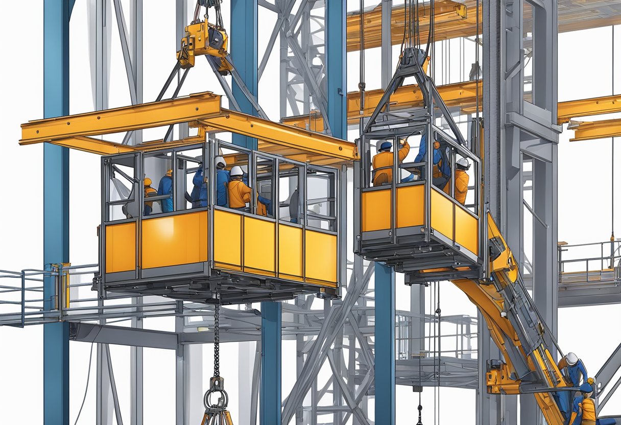 A building hoist lift is being installed on a construction site, with workers assembling the steel frame and attaching the pulley system
