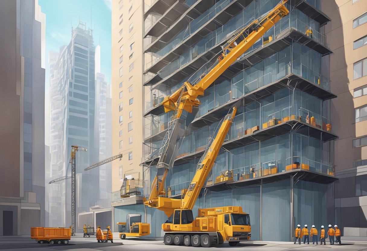 A construction elevator rises alongside a high-rise building, with workers and materials being transported up and down. The cost of the elevator is displayed nearby