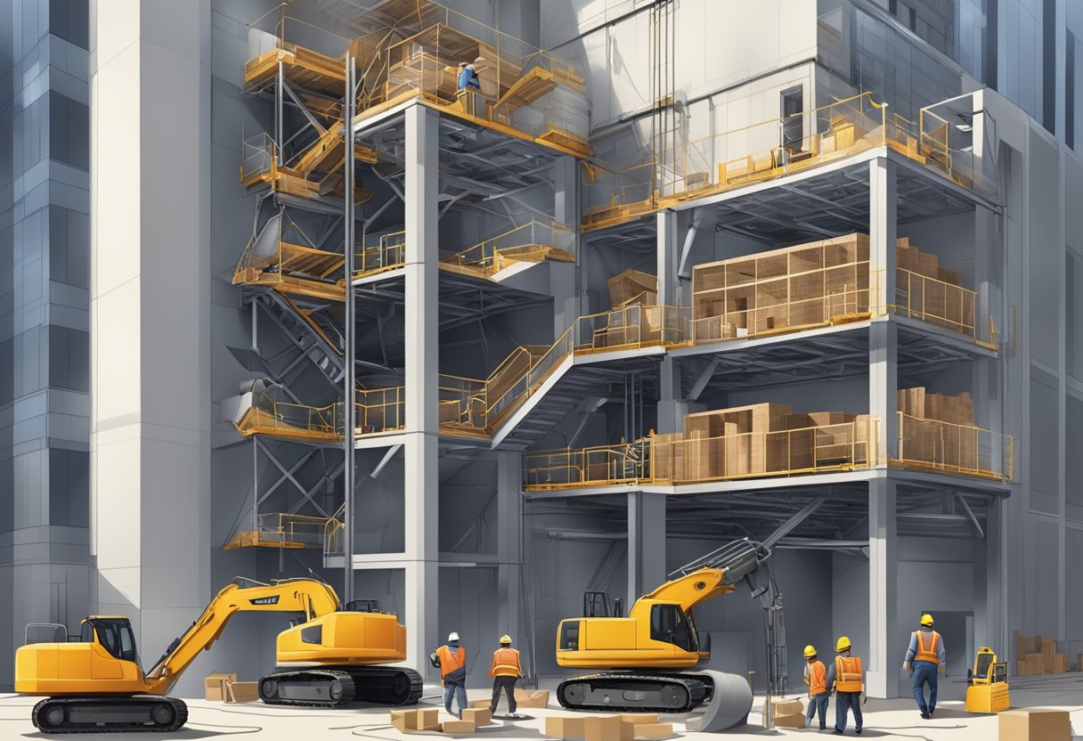 A construction site with a large elevator, workers, and materials, surrounded by equipment and tools, with a focus on the elevator's size and complexity