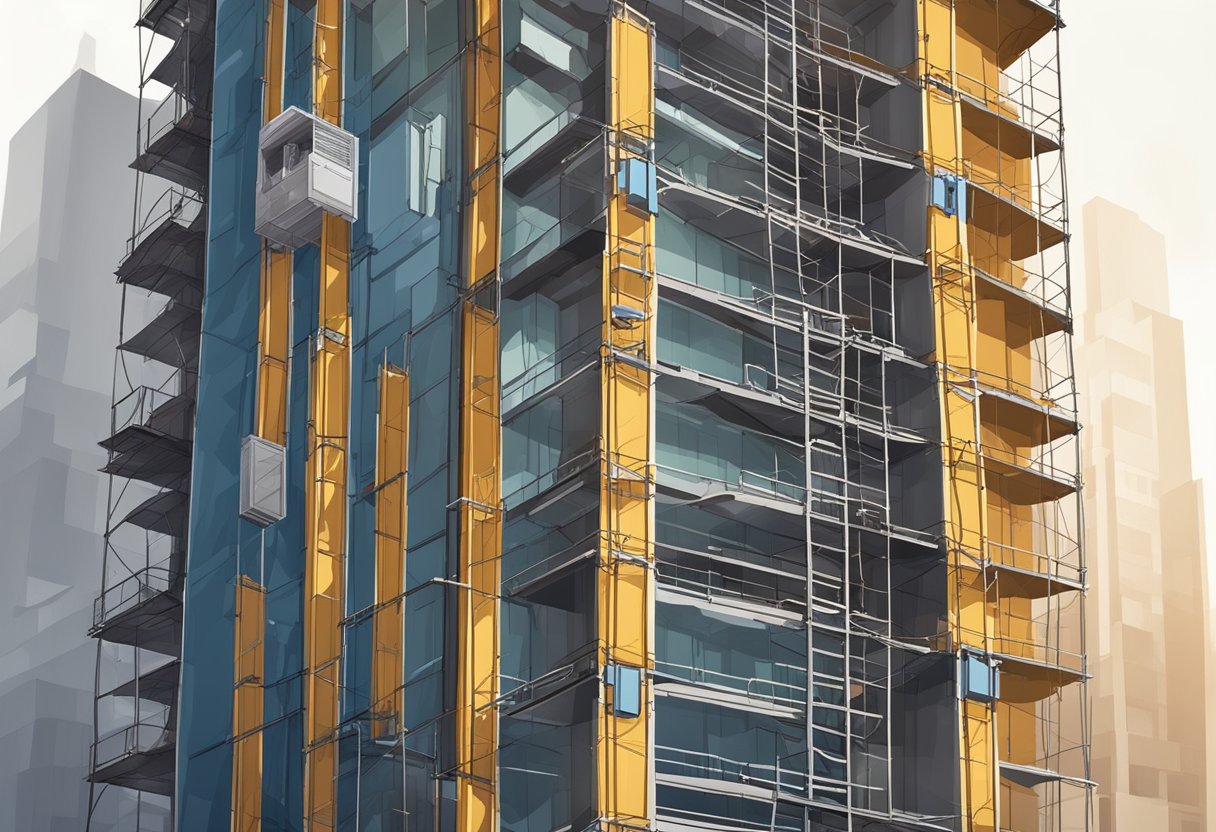 A construction passenger lift rises up the side of a high-rise building, surrounded by scaffolding and construction materials