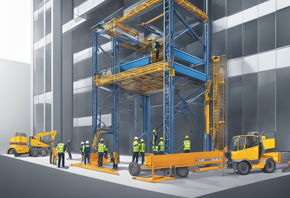 A construction passenger lift is being assembled on a building site, with workers installing the framework and components