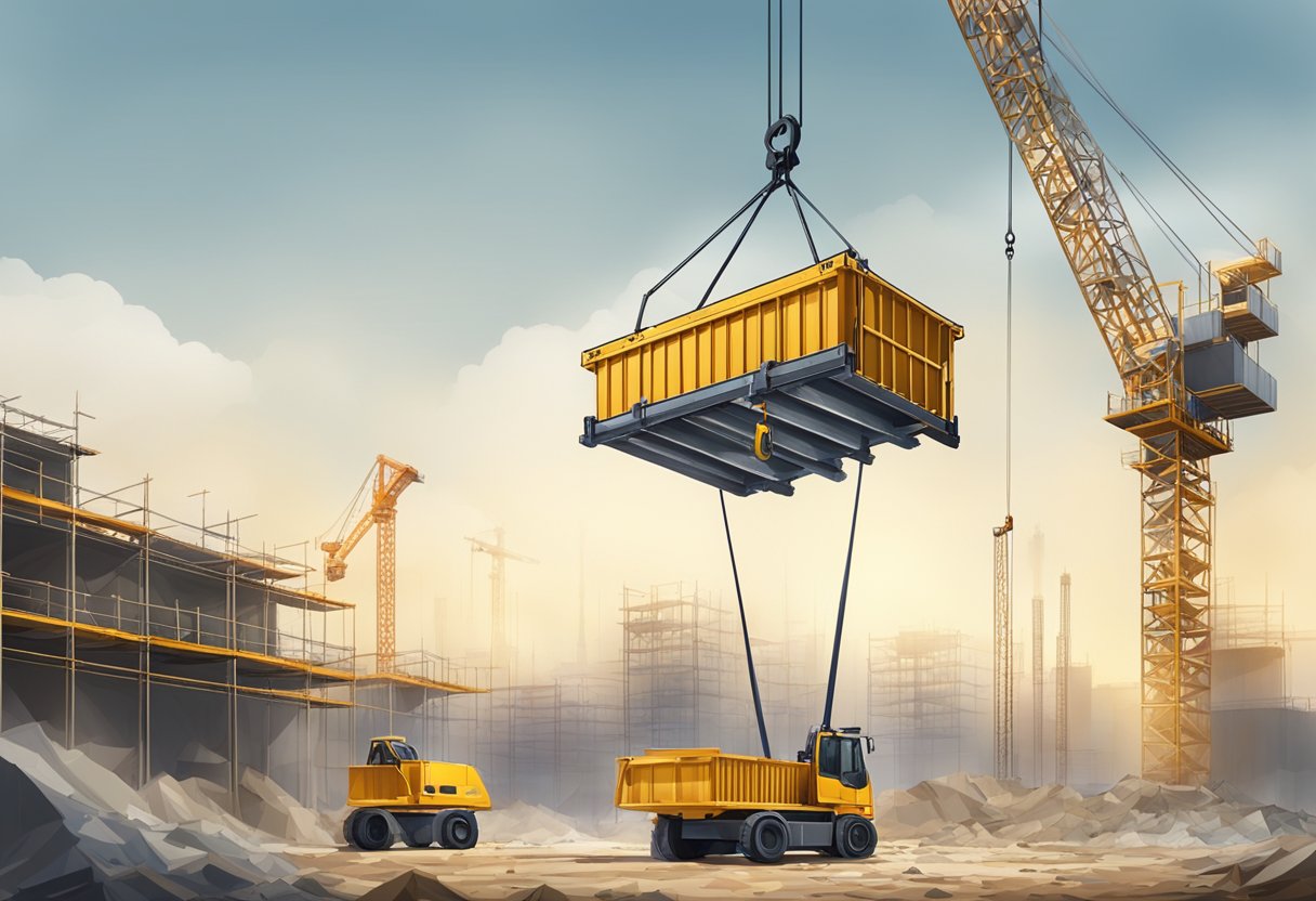 A construction skip hoist lifts materials at a busy construction site. The hoist stands tall against the backdrop of cranes and scaffolding