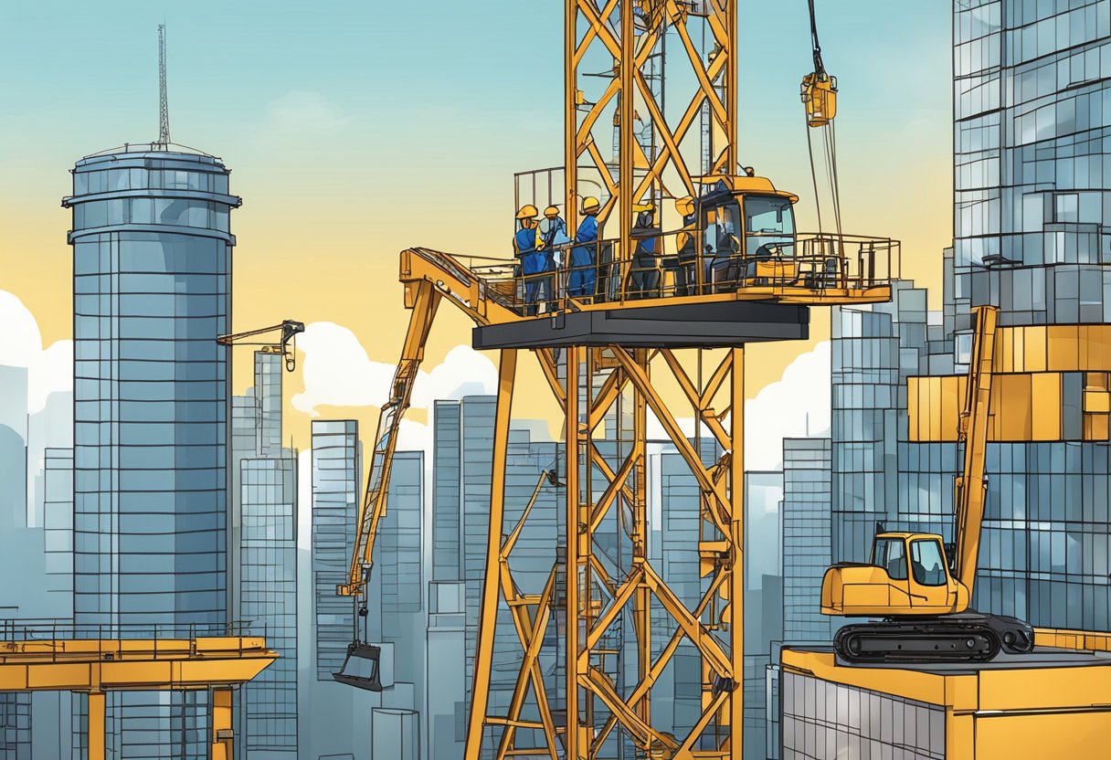 A GJJ passenger hoist rises against a city skyline, with construction workers and equipment below