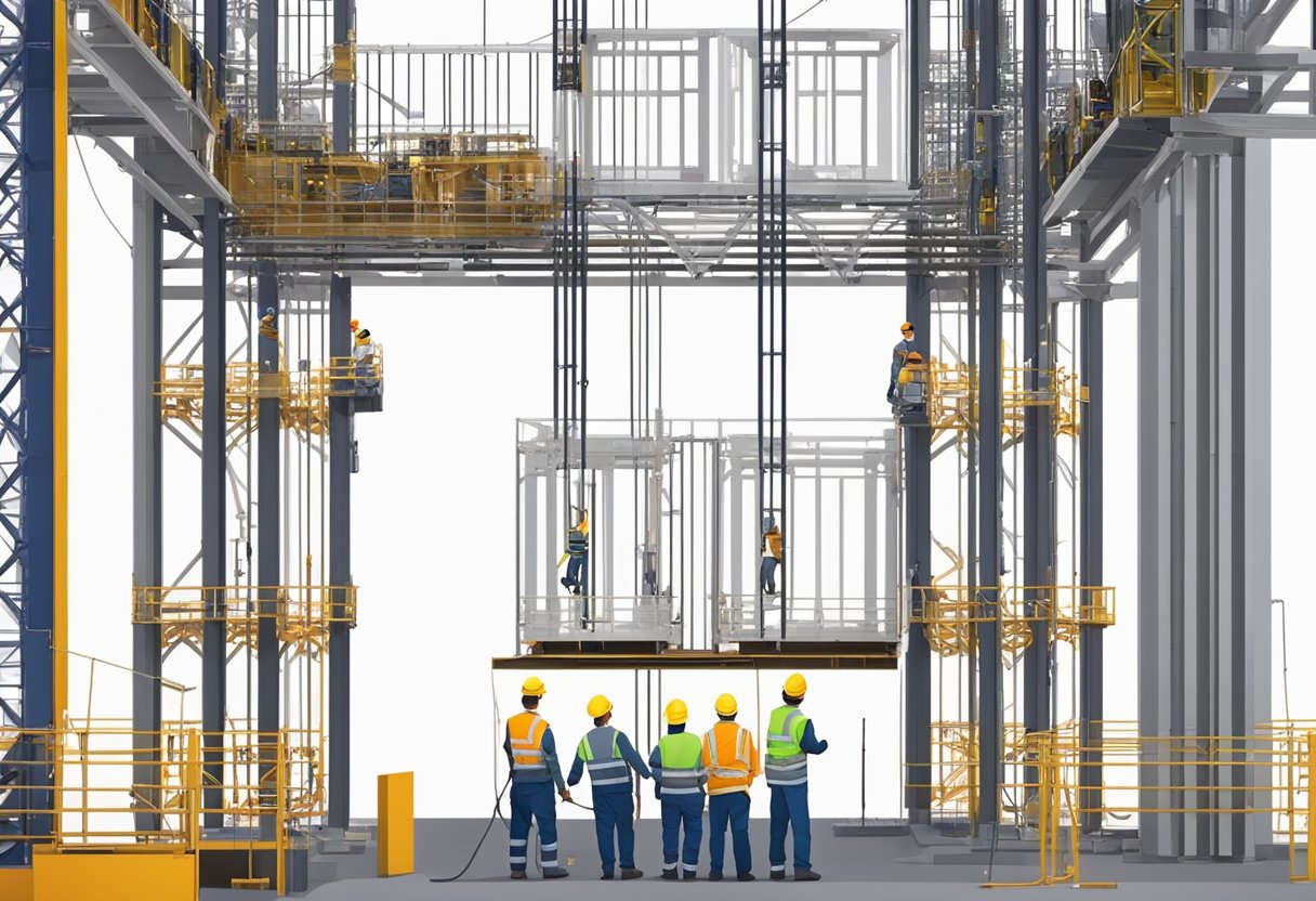 A passenger lift under construction, with workers assembling metal framework and installing cables and control panels