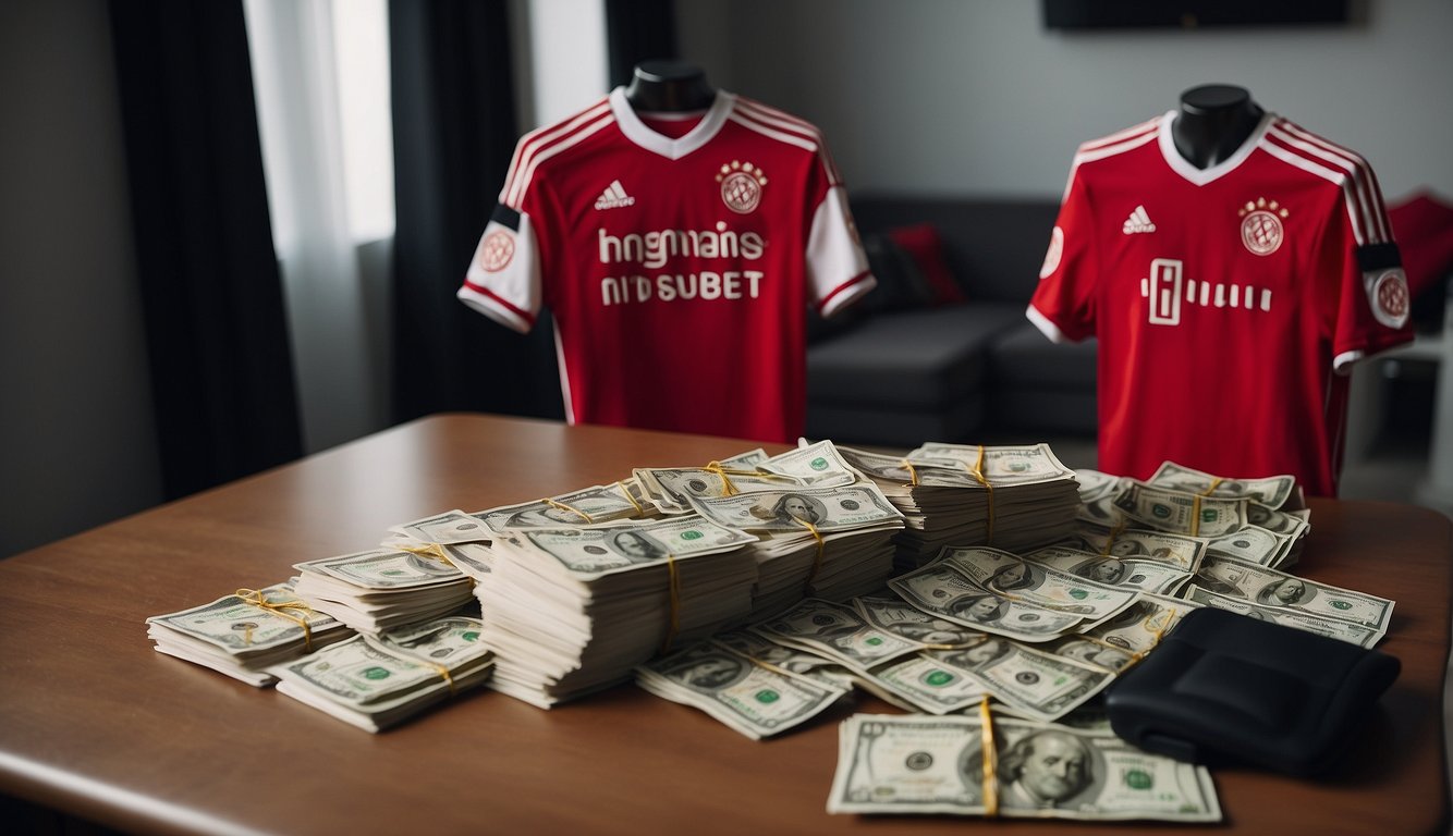 Daley Blind's Ajax jersey hangs on a chair, next to a magazine featuring his girlfriend, with a stack of money and a paycheck on the table