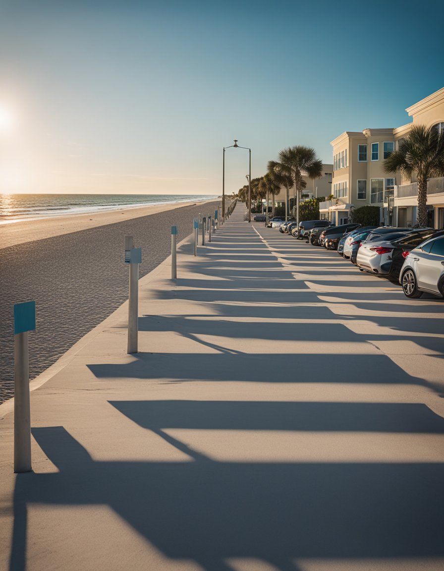 Cars parked in designated spots along the beachfront. Signs with "Frequently Asked Questions New Smyrna Beach Parking" displayed prominently. Sunlight glistening on the water in the background