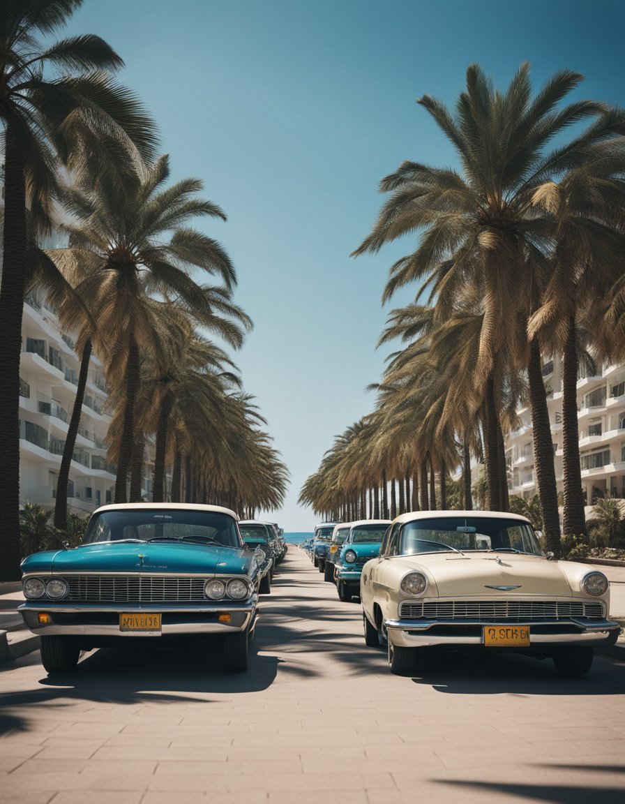 A sunny beach with rows of parked cars, palm trees lining the edge, and a clear blue sky overhead