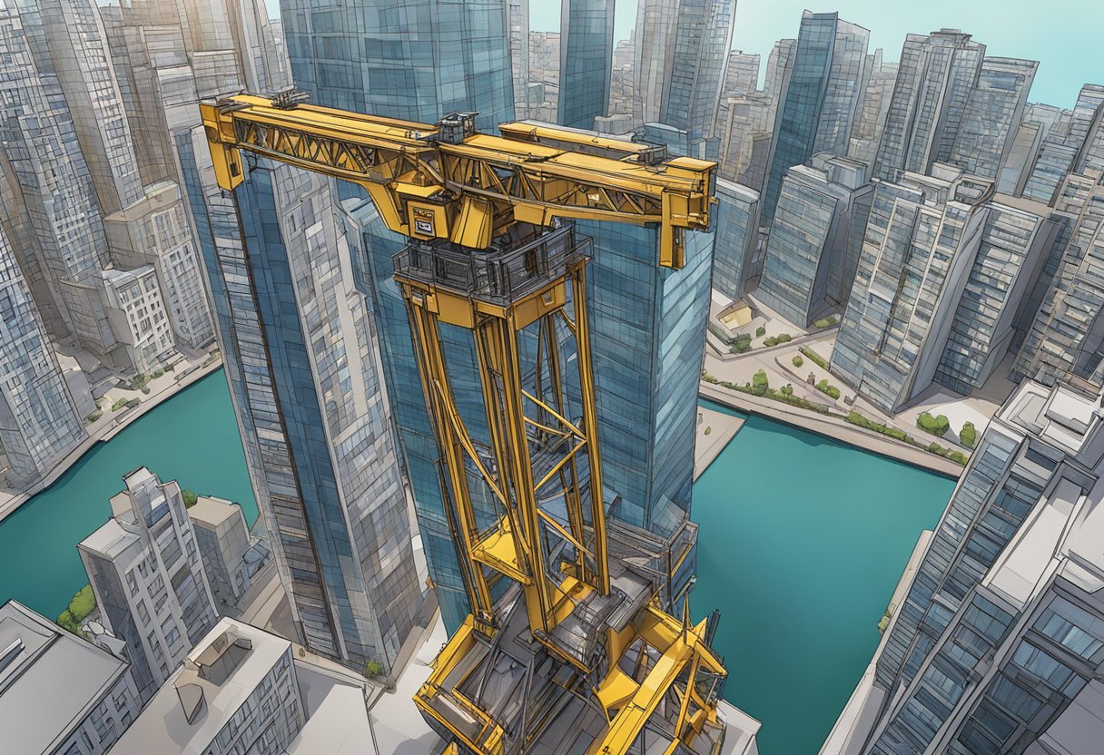 A building hoist lift ascends against a city skyline backdrop