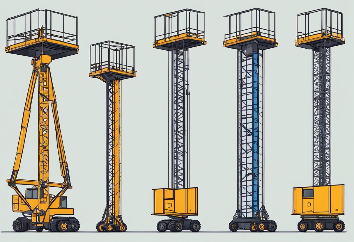 Several types of building hoist lifts in a construction site. Different sizes and designs. Materials being lifted to different levels