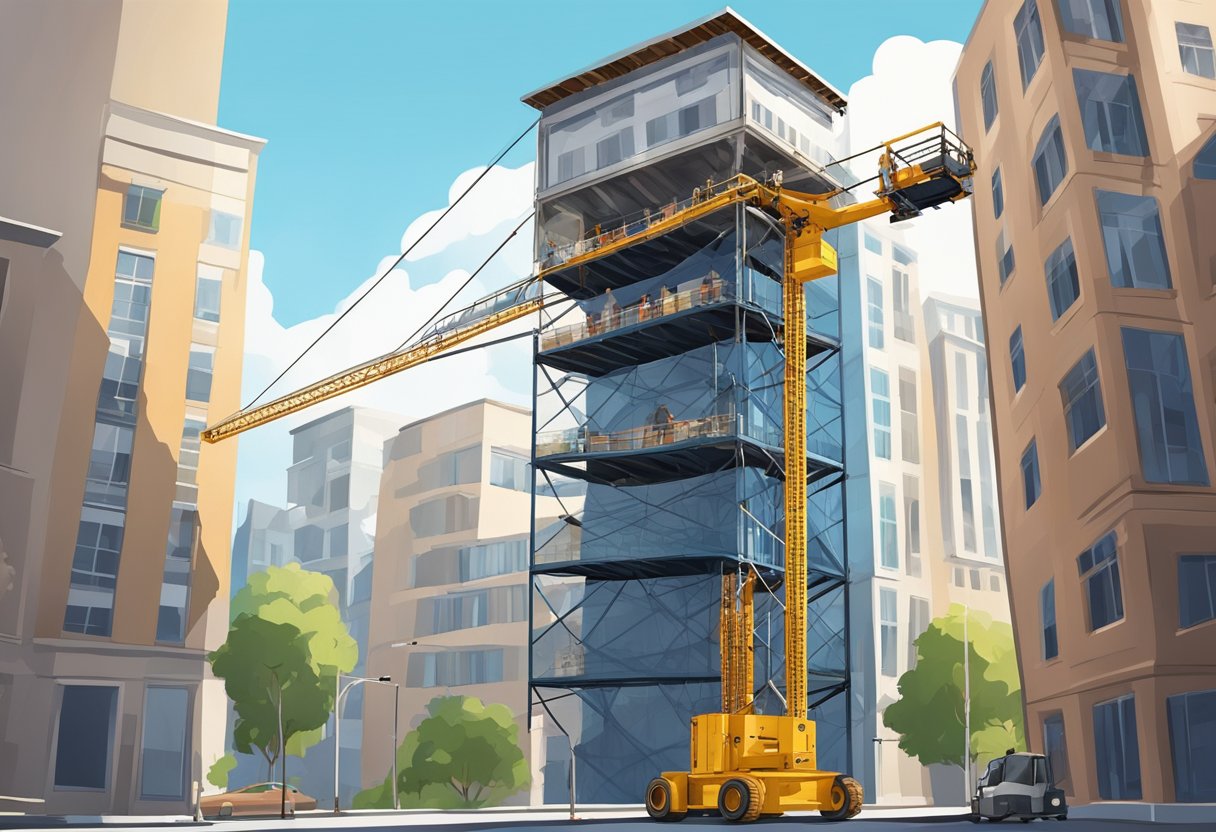 A building hoist lift raises construction materials up the side of a tall building. The platform is secured by cables and pulleys, with the building's framework visible in the background