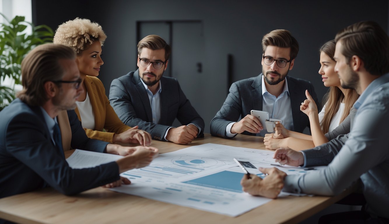 A group of people gathered around a table, discussing and sharing information about social engineering scams. One person is pointing to a diagram while others listen attentively