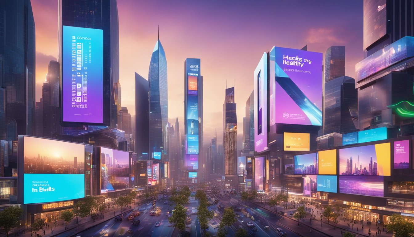 A vibrant, futuristic cityscape with holographic billboards displaying "5 Hacks To Build Healthy Habits In 2024" above bustling streets