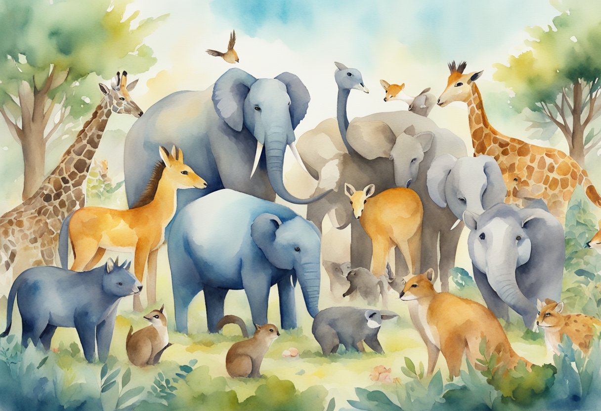 A group of diverse animals gather around a digital marketplace, each showcasing their unique skills and offerings as they compete to be the best alternative to Flippa