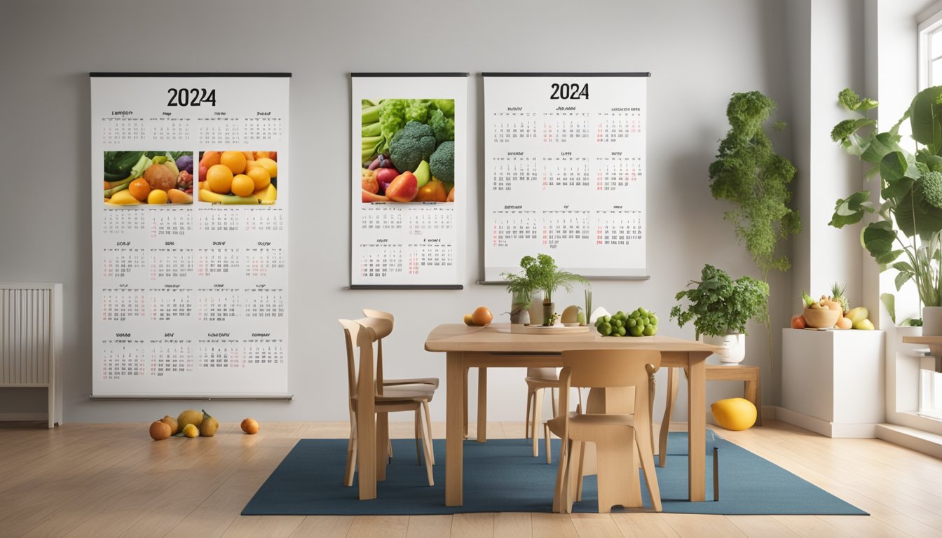 A bright, airy room with a large calendar on the wall, showing the year 2024. A table is covered with colorful fruits and vegetables, and a yoga mat and running shoes are neatly placed in the corner