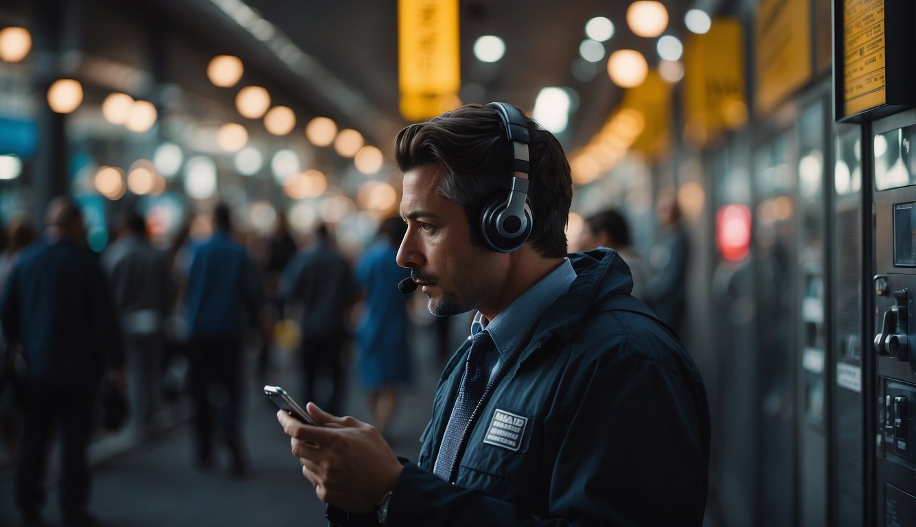 A person receiving a suspicious phone call, surrounded by warning signs and security measures