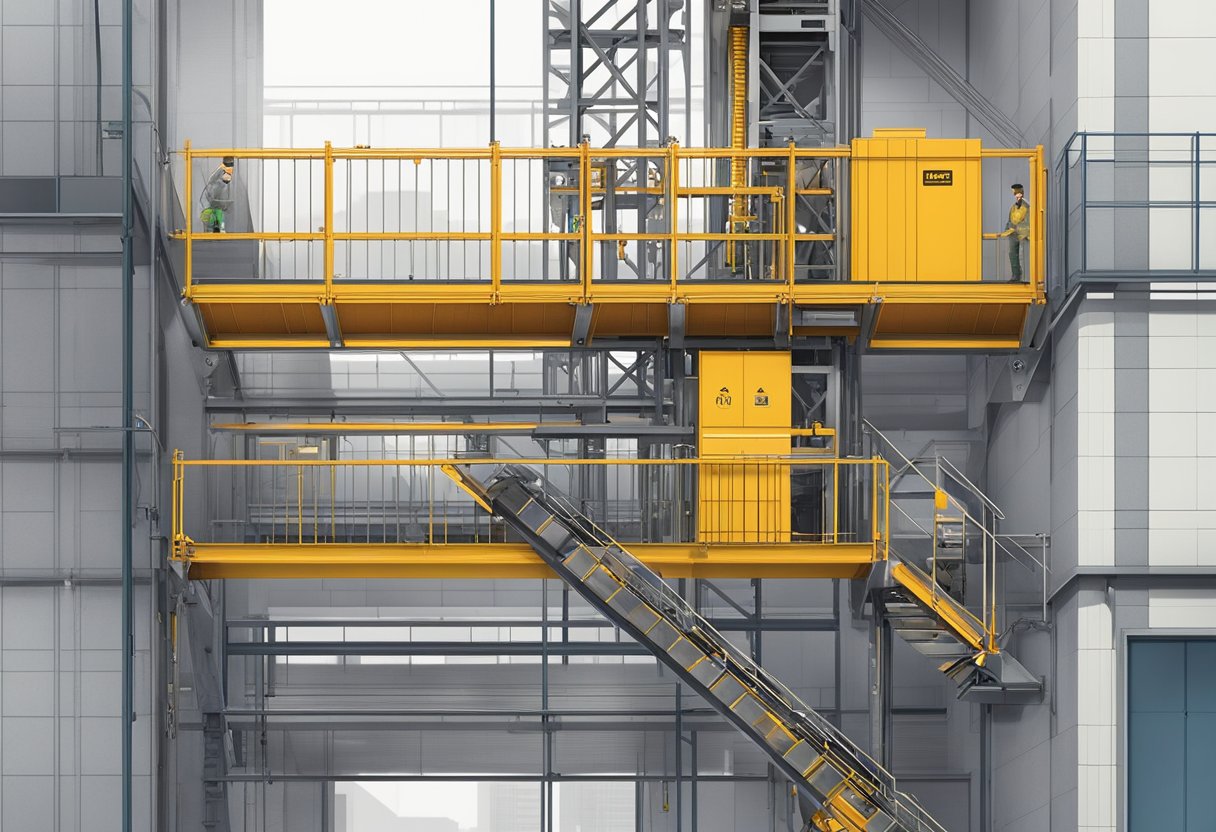 The safety features of the building material hoist are clearly visible, including sturdy guardrails, emergency stop buttons, and bright warning signs