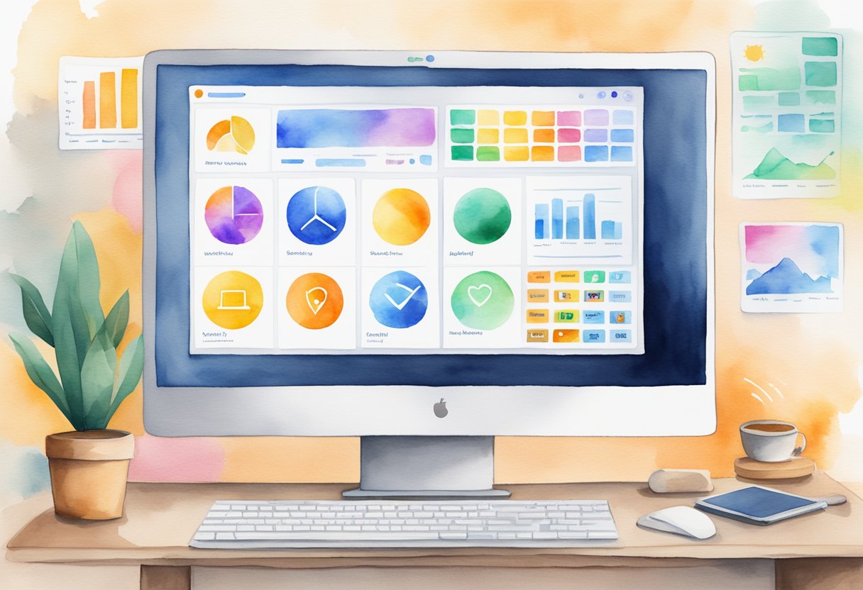 A computer screen displaying various online marketplace logos, with a chart showing comparison data and a list of features