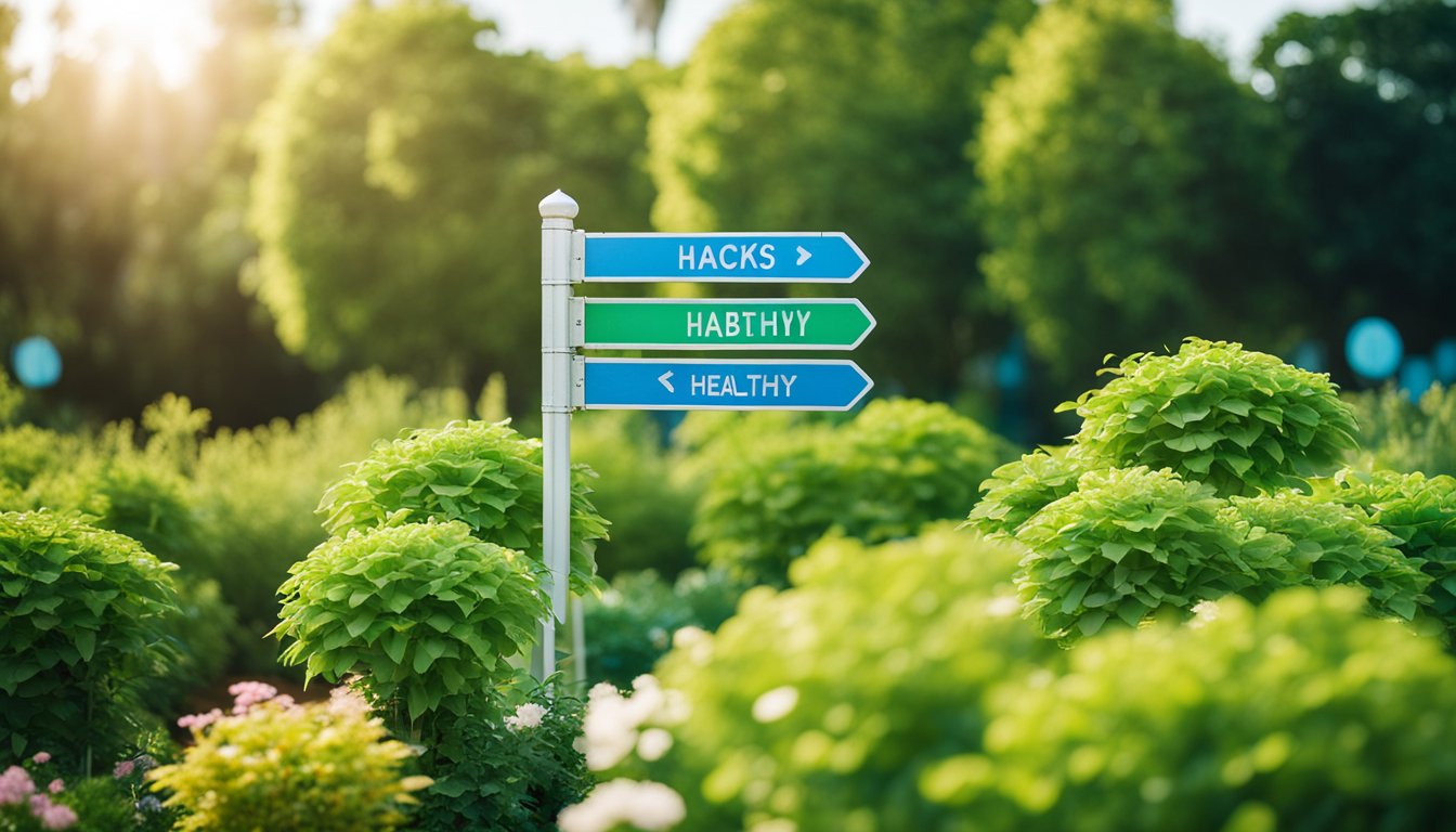 A serene garden with vibrant green plants, a clear blue sky, and a gentle breeze. A signpost with "5 Hacks To Build Healthy Habits In 2024" stands tall in the center