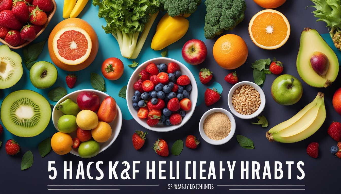 A colorful array of fruits, vegetables, whole grains, and lean proteins arranged in a balanced and visually appealing manner, with the title "5 Hacks To Build Healthy Habits In 2024" prominently displayed