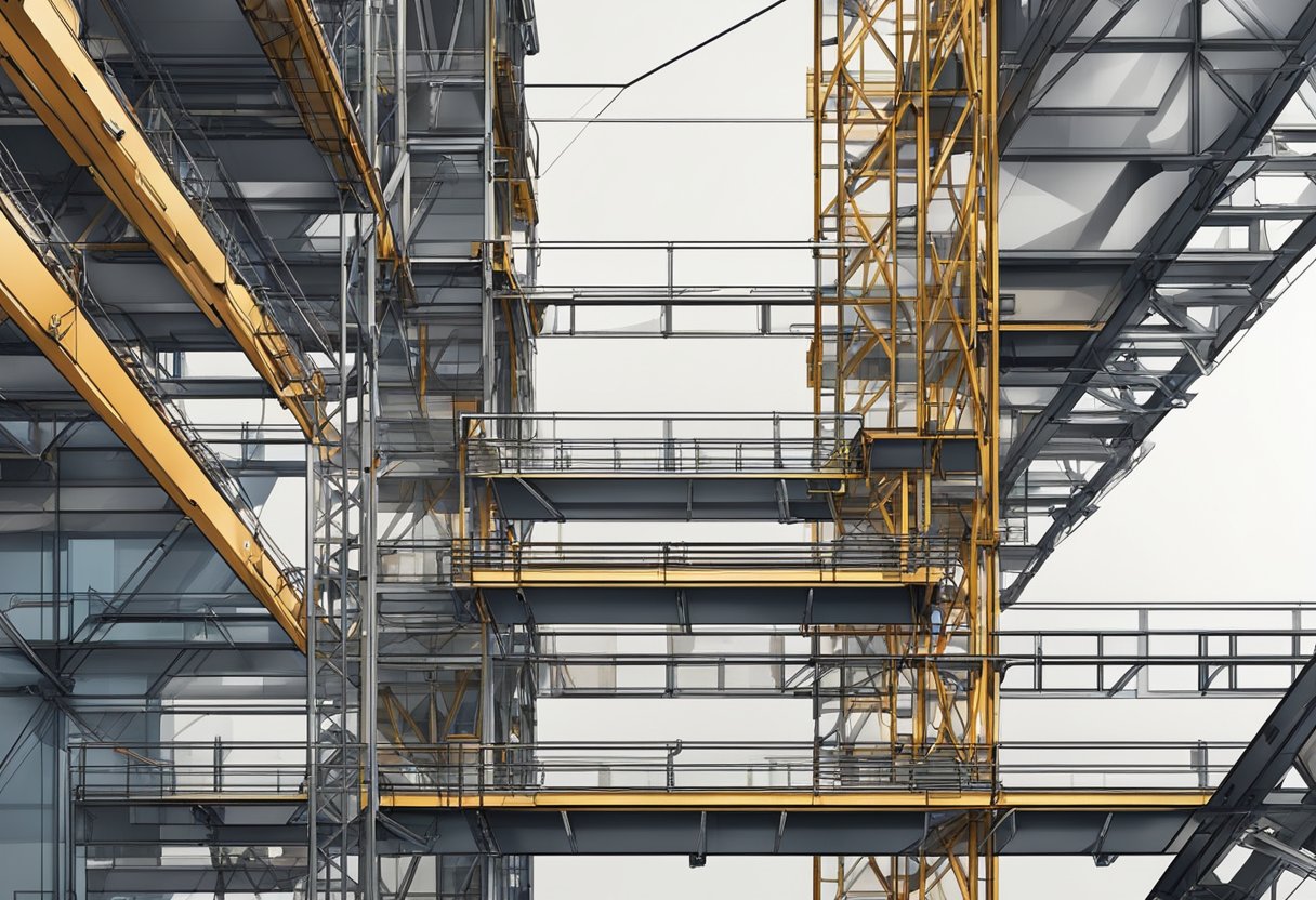 A building site hoist raises construction materials to the upper floors of a high-rise building. Steel beams and cables support the platform as it ascends