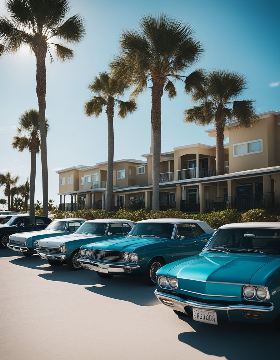 Cars parked in a beachfront lot with clear signage indicating parking options in Panama City Beach. Bright sunlight and palm trees in the background