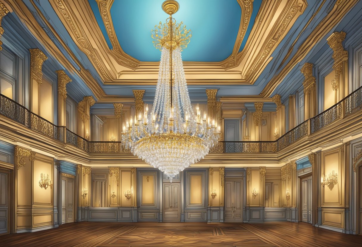 A chandelier lift crane raises a sparkling chandelier high above a grand ballroom, surrounded by ornate ceiling molding and elegant decor