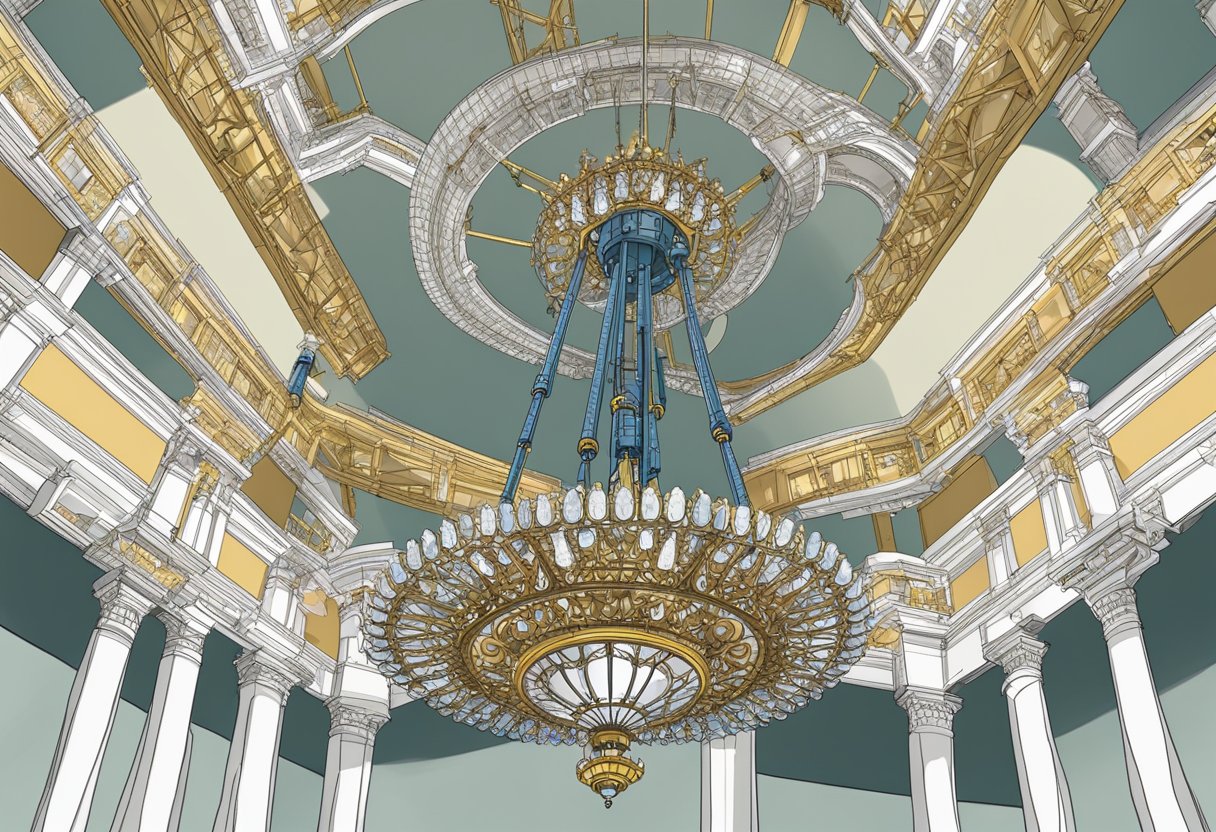 A chandelier lift crane is installing a design with precision