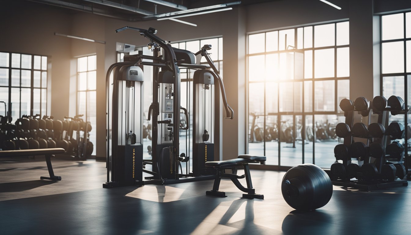 A bright, spacious gym with modern equipment and motivational posters. A clock on the wall shows 6 AM. A water bottle and towel are placed on a bench