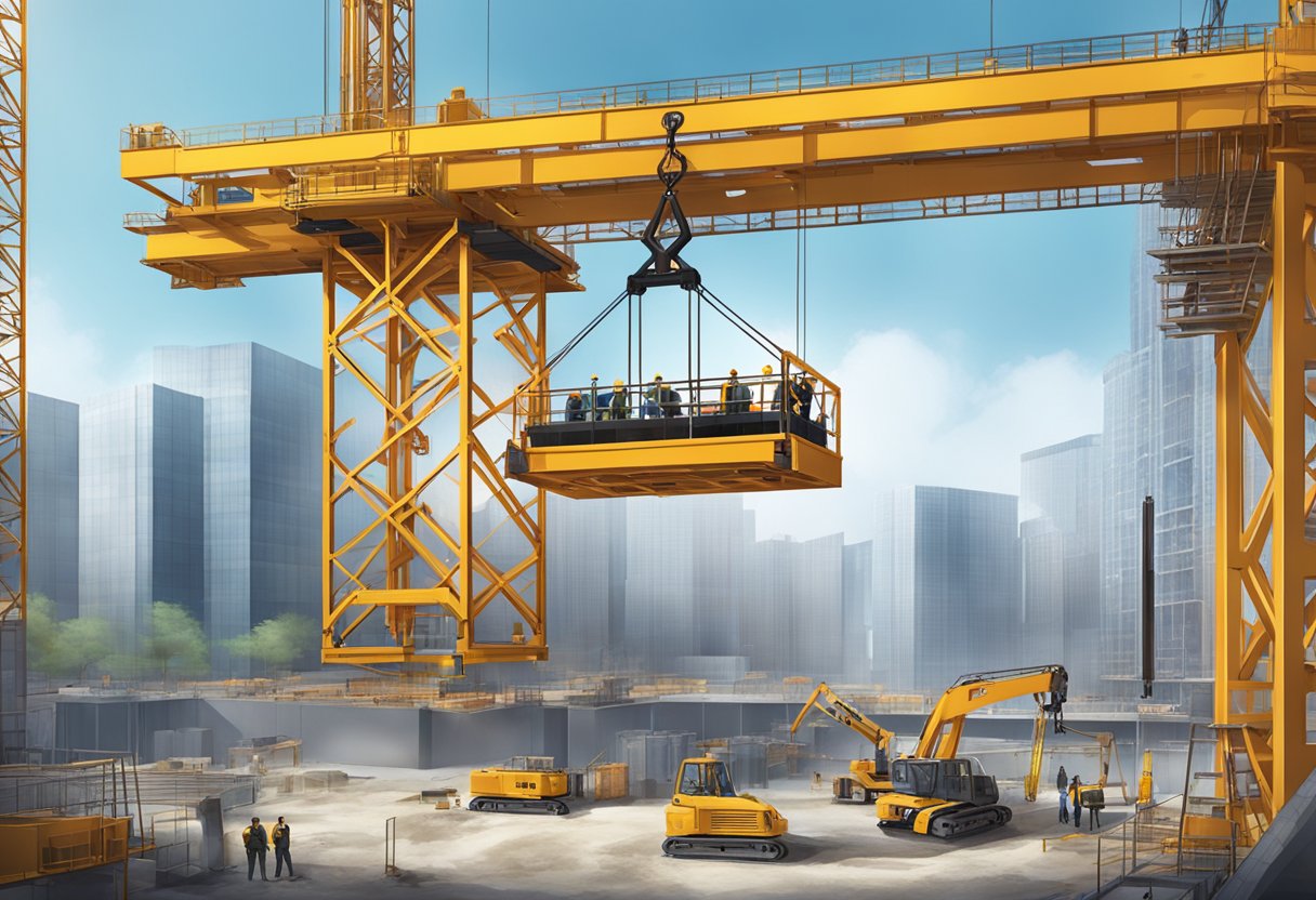 A passenger hoist lifts a platform high above a construction site, surrounded by cranes and steel beams